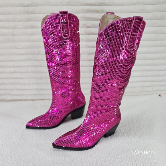 Azalea Wang Shoes - Mirage Fuchsia Pink Rhinestone Pull On Western Cowgirl Knee Boots